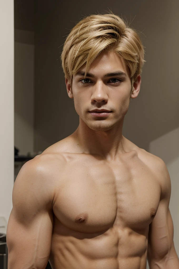 Create an animated character that has a wolf cut haircut that is blonde that his skin tone is light that he is between thin and muscular that he is a man