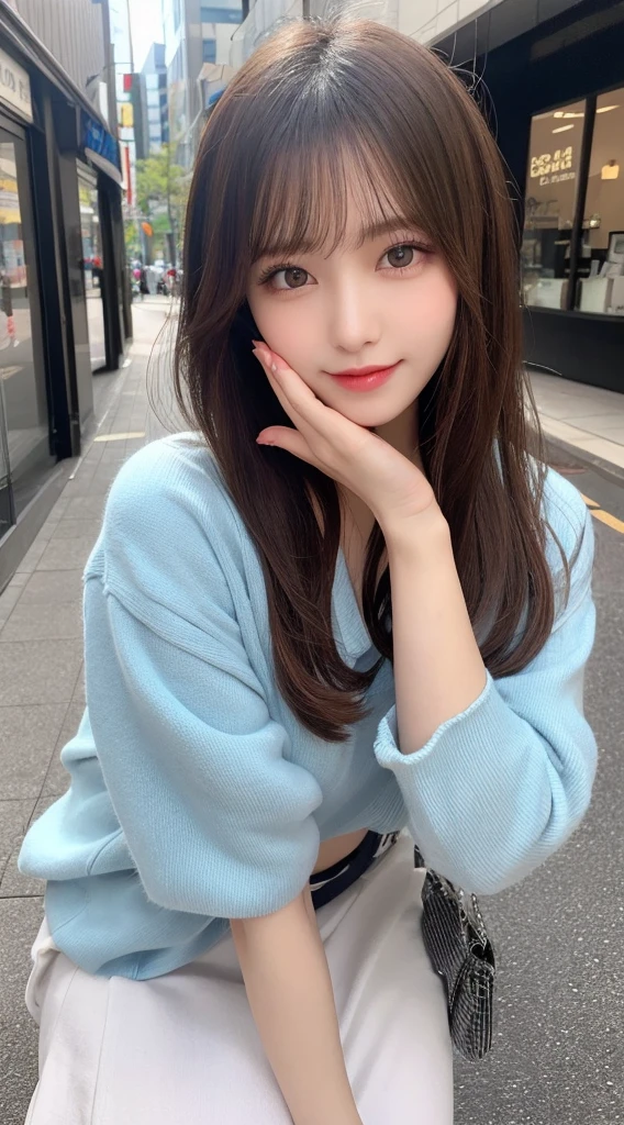 pieces fly、masterpiece、highest quality、Super detailed、High resolution、High resolution、8K portrait、unity 8k wallpaper、Detailed CG、unity 8k wallpaper、Detailed CGユニティ8kの壁紙、realistic、real person、portrait photography、shiny skin、()、(cute:1.2)、High resolution、beautiful clear eyes、very detailed explanation、delicate face、nice lips、thin waist、thin legs、1 girl、(Pink knitted sweater:1.2)、(pleated skirt:1.2)、(flat chest:1.4)、((Self snap:1.4))、(smile:1.2)、(Walking trail:1.2)