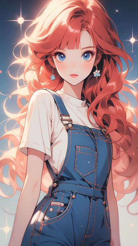 girl wearing a White sundress, tight, simple anime style Woman. Flower drawing on sequin overalls. Glossy white lips with sequins. Blunt bangs, red hair, long hair, blue eyes, solo,