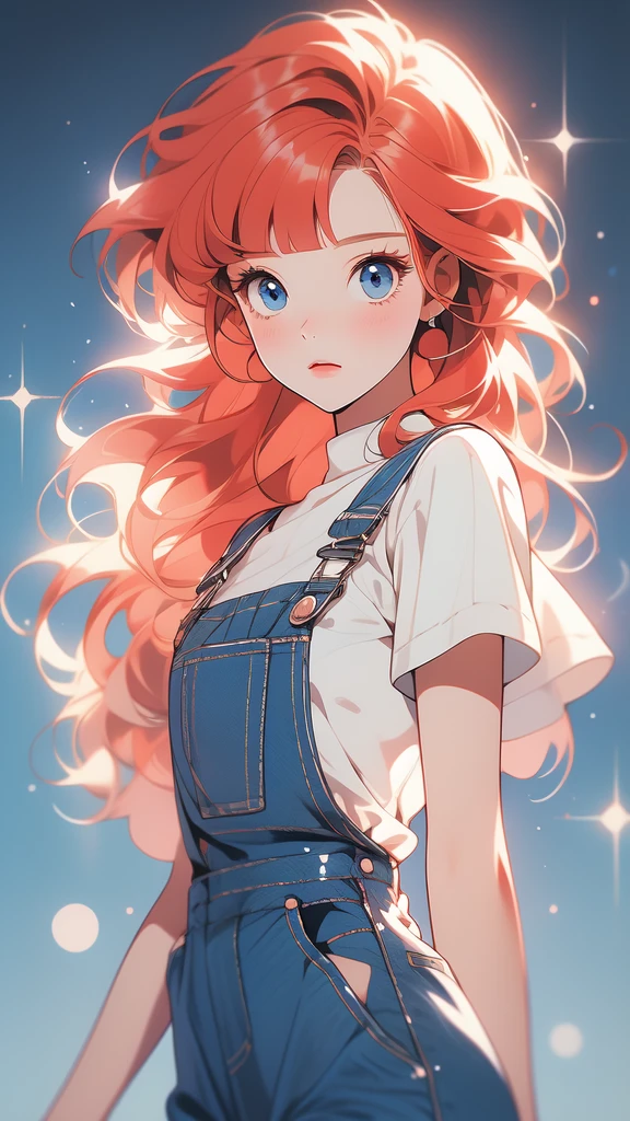 girl wearing a White sundress, tight, simple anime style Woman. Flower drawing on sequin overalls. Glossy white lips with sequins. Blunt bangs, red hair, long hair, blue eyes, solo,