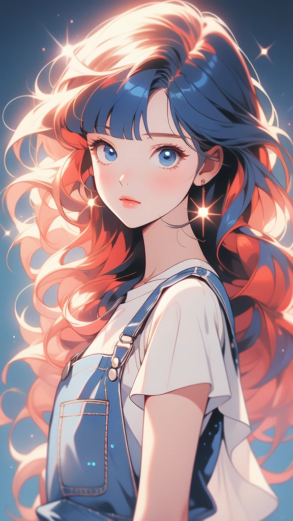 girl wearing a White sundress, tight, simple anime style Woman. Flower drawing on sequin overalls. Glossy white lips with sequins. Blunt bangs, red hair, long hair, blue eyes, solo,