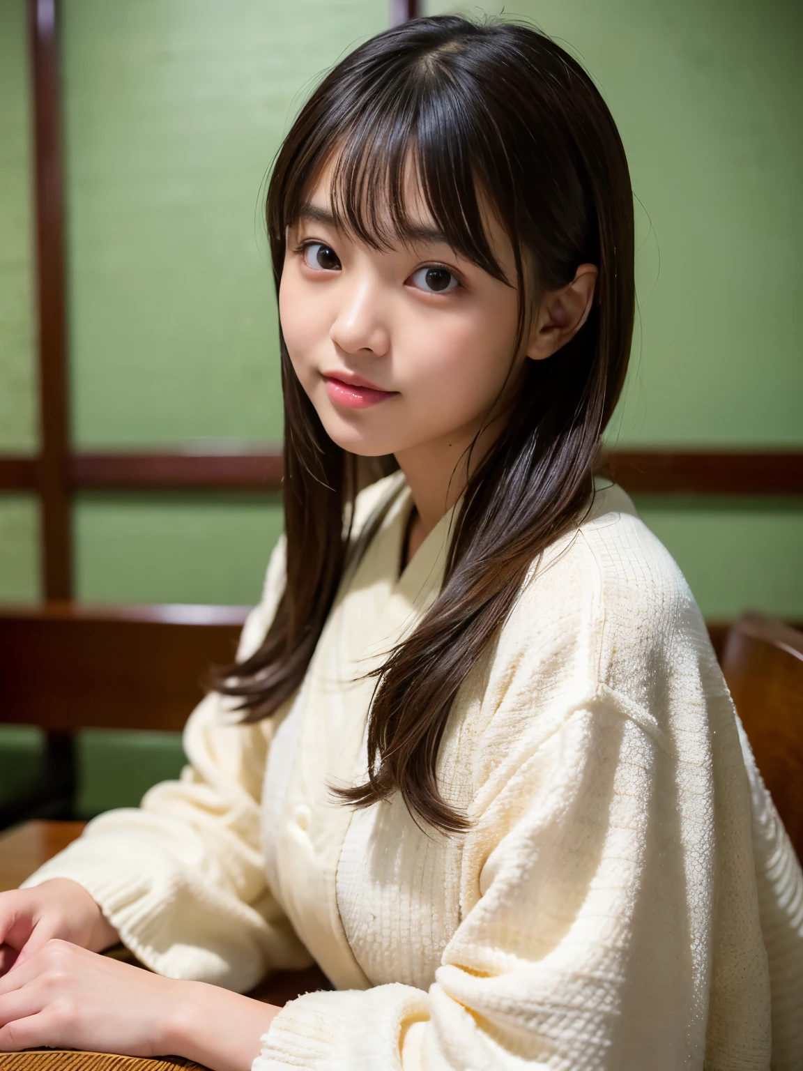 (Best-quality, Masterpiece, Ultra-High-Resolution, (Photorealistic:1.4), Raw Photo, depth of field, professional lighting, perfect anatomy, extremely details), 1girl, 15-years-old, the most famous Japanese idol, ((in Japanese luxurious-restaurant, sitting on TATAMI)), (wearing casual-clothes with cute-design), (extremely cute and extremely realistic face like the most popular Japanese idol, ((extremely cute and extremely big round-realistic-eyes)), extremely realistic hair), (((extremely beautiful and extremely realistic skins):1.3)), detailed luxurious-Japanese-restaurant, detailed TATAMI