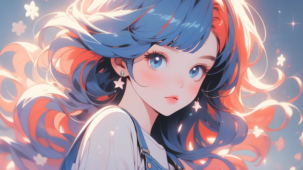 girl wearing a White sundress, tight, simple anime style Woman. Flower drawing on sequin overalls. Glossy white lips with sequins. Blunt bangs, red hair, long hair, blue eyes, solo,
