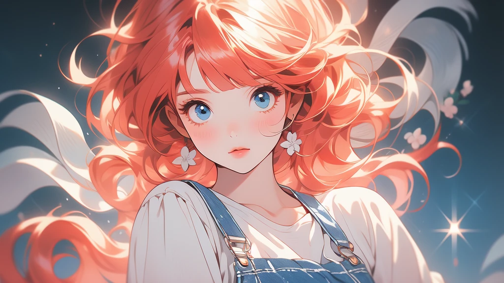 girl wearing a White sundress, tight, simple anime style Woman. Flower drawing on sequin overalls. Glossy white lips with sequins. Blunt bangs, red hair, long hair, blue eyes, solo,
