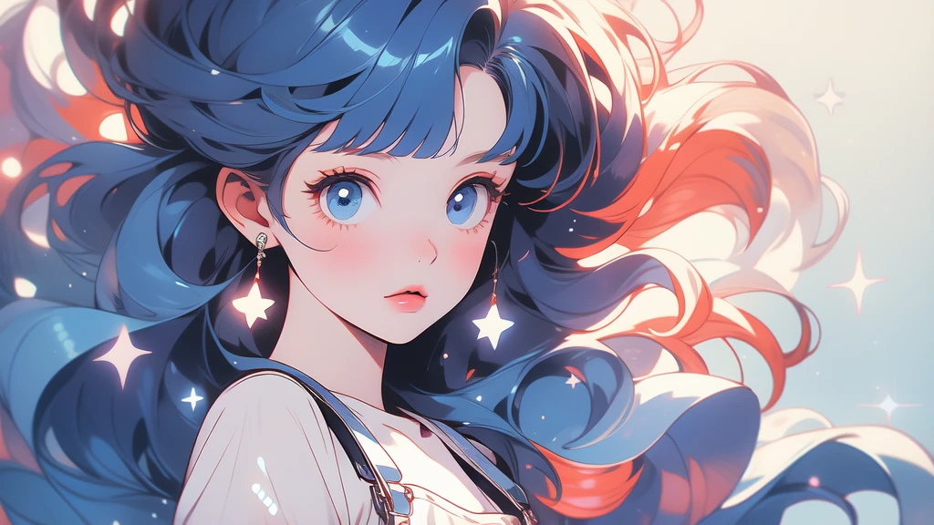 girl wearing a White sundress, tight, simple anime style Woman. Flower drawing on sequin overalls. Glossy white lips with sequins. Blunt bangs, red hair, long hair, blue eyes, solo,