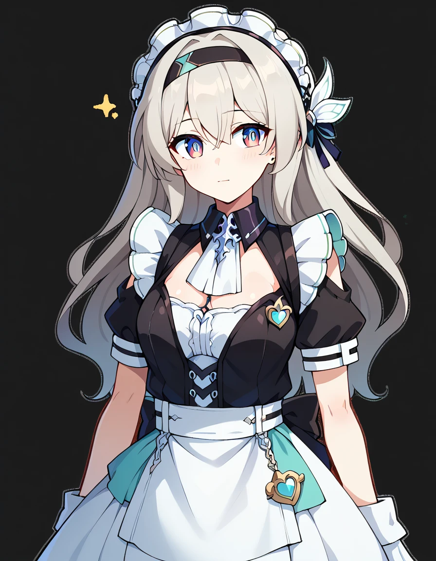 score_9, score_8_up, score_7_up, transparent background, simple background, BREAK source_anime, BREAK (1girl, solo, solo focus), fireflydef, jacket, dress, grey hair, maid outfit, cute
