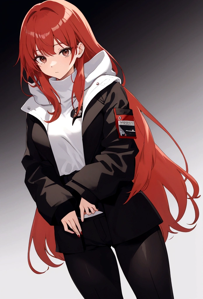 My name is Hikaru, I am a white test woman with long red hair and black eyes. I am 1.60cm tall and weigh 46kg. My breast sizes are 300 cm, my waist is 60 cm and my hips are 200 cm. Dressed in a long black tight coat, a winter jacket with a hood and warm pants. 