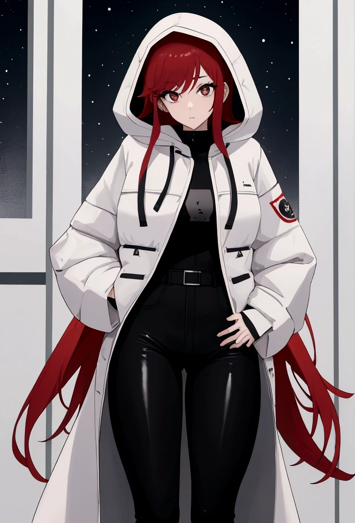 My name is Hikaru, I am a white test woman with long red hair and black eyes. I am 1.60cm tall and weigh 46kg. My breast sizes are 300 cm, my waist is 60 cm and my hips are 200 cm. Dressed in a long black tight coat, a winter jacket with a hood and warm pants.