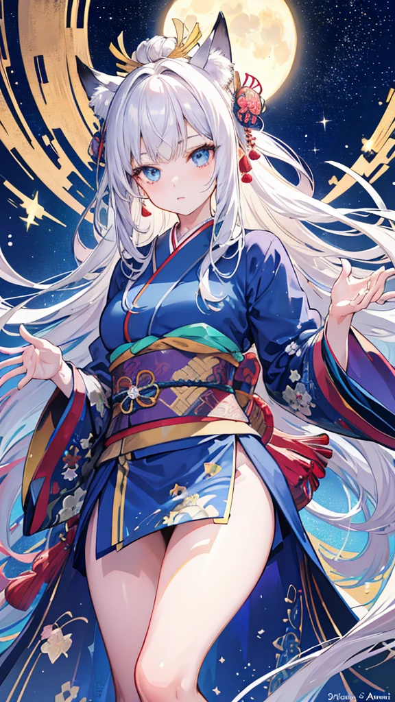 (absurdities, highres, ultra detailed), Closeup of face, face emphasis, focus on face, A woman, mature woman, aged, long straight hair, beautiful and shiny hair, blue eyes, fringe, long sleeves, finely drawn eyes and detailed face, eye reflections, hands without breaks, rich lighting, highly detailed 8K unified CG wallpaper, intricate details, portrait, look, Alone, half shot, well drawn face, soft smile, dynamic pose, Classical period, (Old Japanese theme: 1.1), Japanese mythology, fox ears, japanese village, ruler, Japanese Blue Kimono, Kimono floral, old theme, (Thriving Civilization: 1.1), Moon in the background, (Immaculate: 1.1) sanctuary, The Torah Gate, japanese landscape, Ancient city in the background, Fox mask on the head, genial, Dreamy, dancing lights, flashlight, Austere, evening, darkness, stars, portrait, Beautiful girl cinematic lighting, long hair down to her feet, beautiful eyes with colored dots, white sparkles in his eyes, clear skin, inside an aquarium