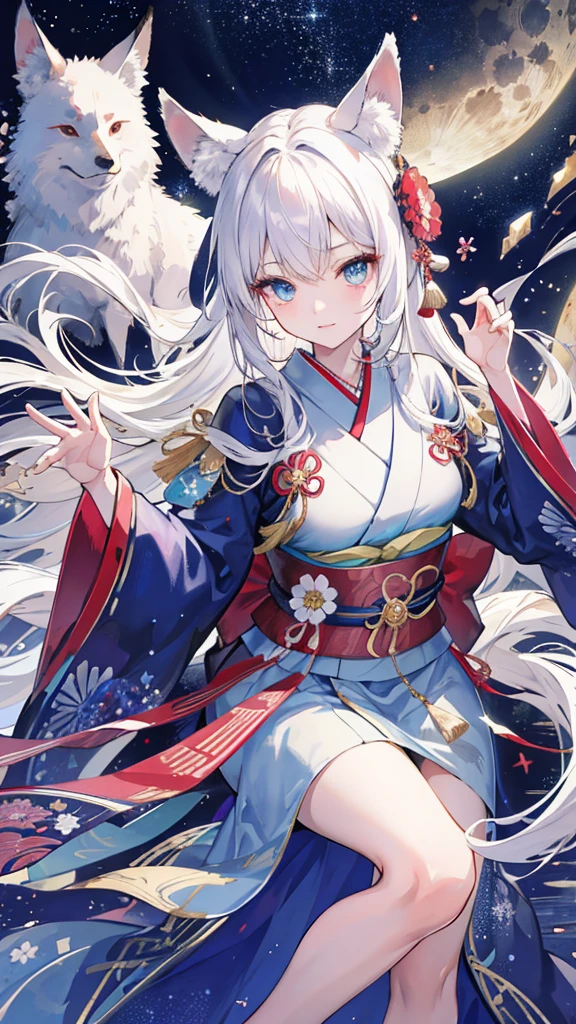 (absurdities, highres, ultra detailed), Closeup of face, face emphasis, focus on face, A woman, mature woman, aged, long straight hair, beautiful and shiny hair, blue eyes, fringe, long sleeves, finely drawn eyes and detailed face, eye reflections, hands without breaks, rich lighting, highly detailed 8K unified CG wallpaper, intricate details, portrait, look, Alone, half shot, well drawn face, soft smile, dynamic pose, Classical period, (Old Japanese theme: 1.1), Japanese mythology, fox ears, japanese village, ruler, Japanese Blue Kimono, Kimono floral, old theme, (Thriving Civilization: 1.1), Moon in the background, (Immaculate: 1.1) sanctuary, The Torah Gate, japanese landscape, Ancient city in the background, Fox mask on the head, genial, Dreamy, dancing lights, flashlight, Austere, evening, darkness, stars, portrait, Beautiful girl cinematic lighting, long hair down to her feet, beautiful eyes with colored dots, white sparkles in his eyes, clear skin, inside an aquarium