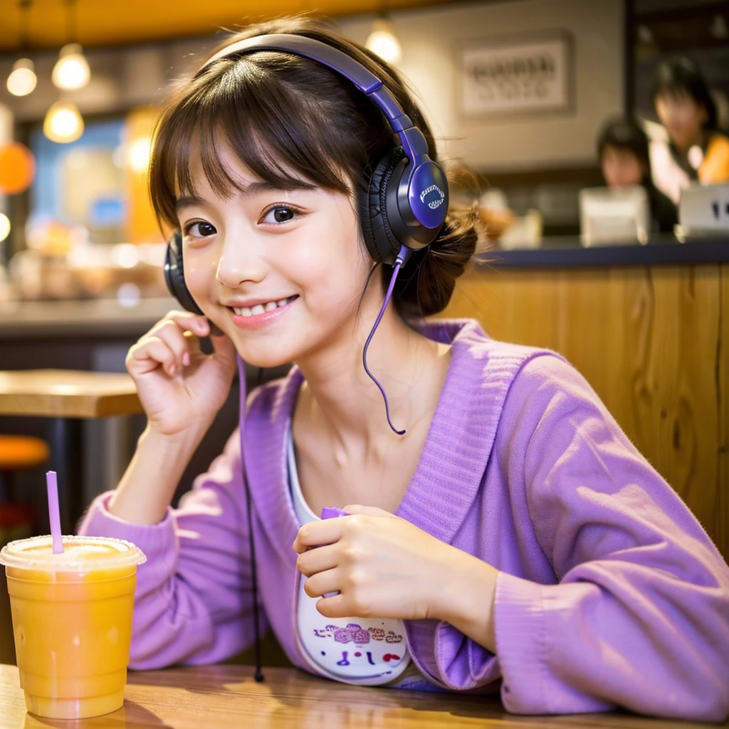  Looking straight ahead and smiling, Ultra HD、128ｋ、Masterpiece、Masterpiece, Cute long face, Cute little kindergarten girl studying in a coffee shop while listening to music on headphones、orange juice, clavicle, RAW Photo、A girl with big eyes wearing light purple clothes、Hands on headphones, Warm lighting、Beautiful night view、Japanese anime style, Smile