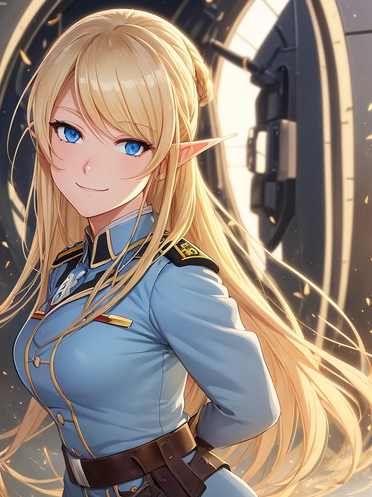 detailed illustration (side view),dynamic angle,ultra-detailed, illustration, pose for the camera, smiling at viewer, clean line art, shading, anime, 2020’s anime style, detailed eyes, detailed face, beautiful face,

Blonde hair, blue eyes, elf, elf woman, pale skin, WW2 German officer uniform, stern look