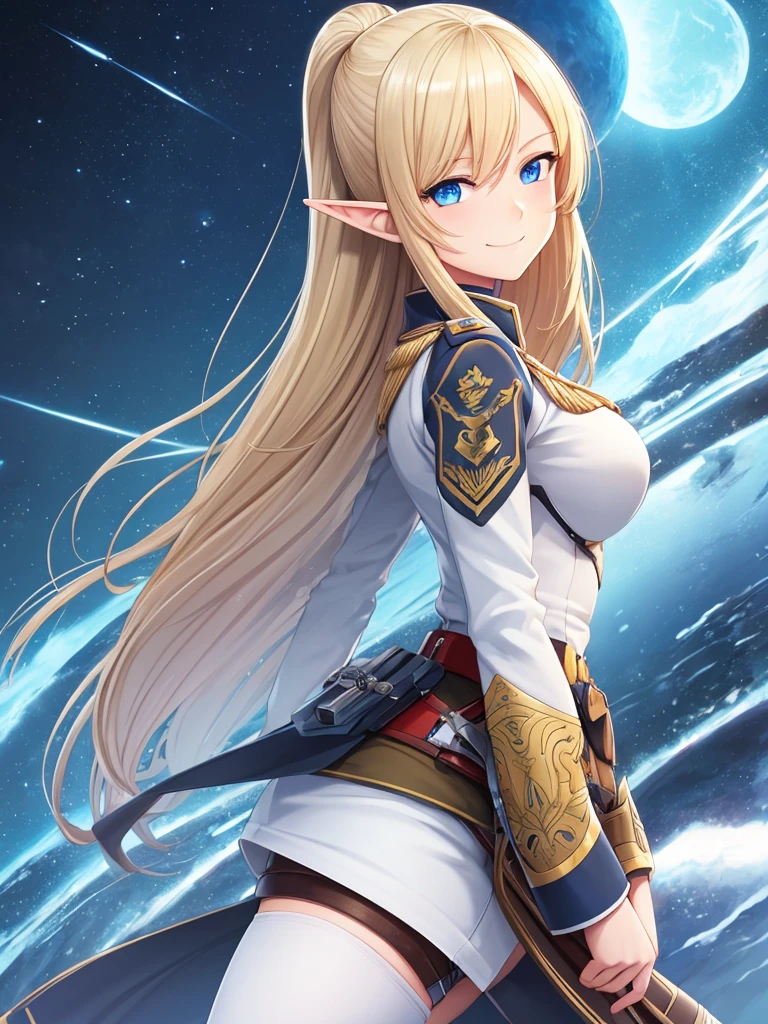 detailed illustration (side view),dynamic angle,ultra-detailed, illustration, pose for the camera, smiling at viewer, clean line art, shading, anime, 2020’s anime style, detailed eyes, detailed face, beautiful face,

Blonde hair, blue eyes, elf, elf woman, pale skin, WW2 German officer uniform, stern look