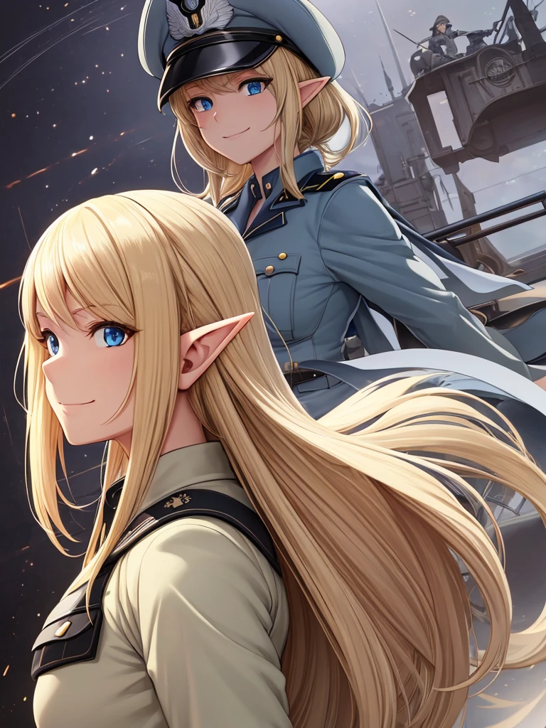 detailed illustration (side view),dynamic angle,ultra-detailed, illustration, pose for the camera, smiling at viewer, clean line art, shading, anime, 2020’s anime style, detailed eyes, detailed face, beautiful face,

Blonde hair, blue eyes, elf, elf woman, pale skin, WW2 German officer uniform, stern look