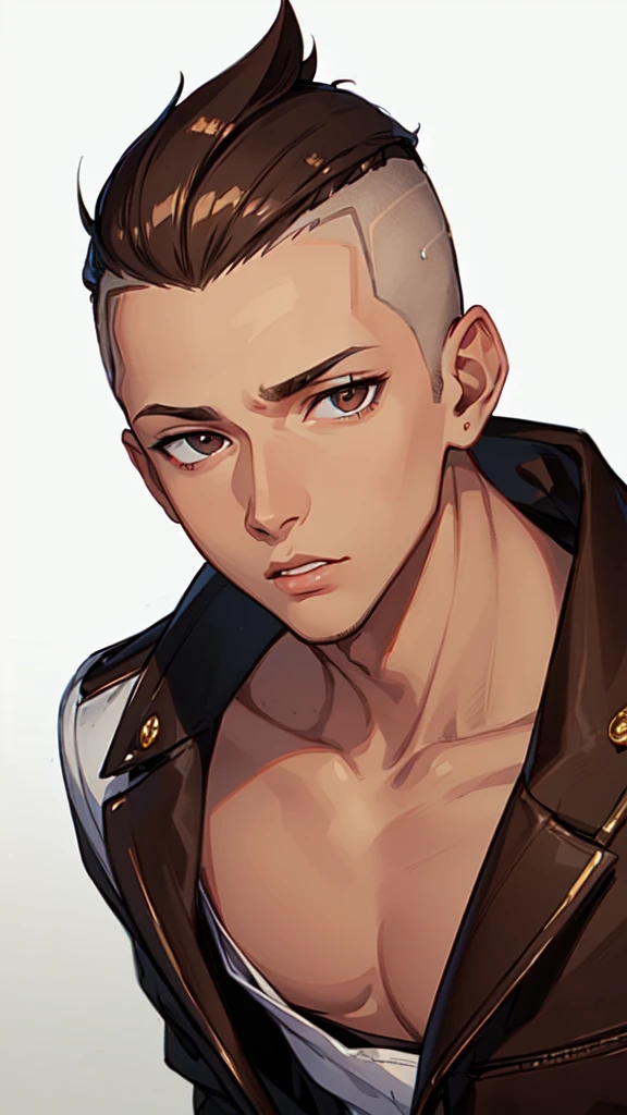 (masterpiece), best quality, expressive eyes, perfect face, (((1guy))), full body, (((brown skin))), brown hair, sliver eyes, blue student uniform, buzz cut mohawk, slicked back hair, young adult,