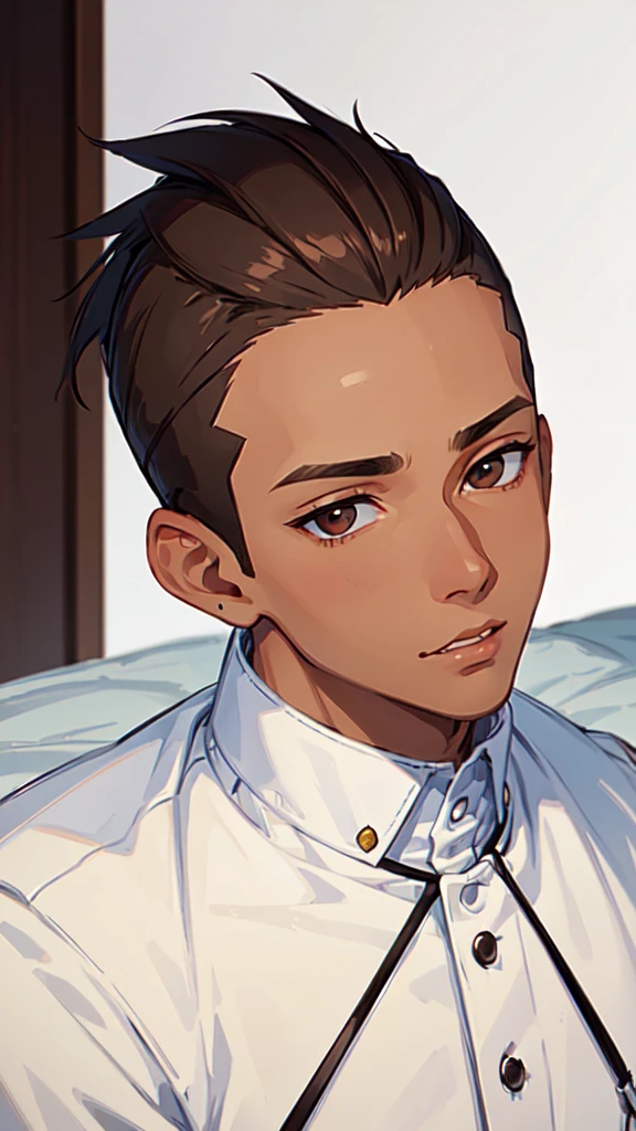 (masterpiece), best quality, expressive eyes, perfect face, (((1guy))), full body, (((brown skin))), brown hair, sliver eyes, blue student uniform, buzz cut mohawk, slicked back hair, young adult,