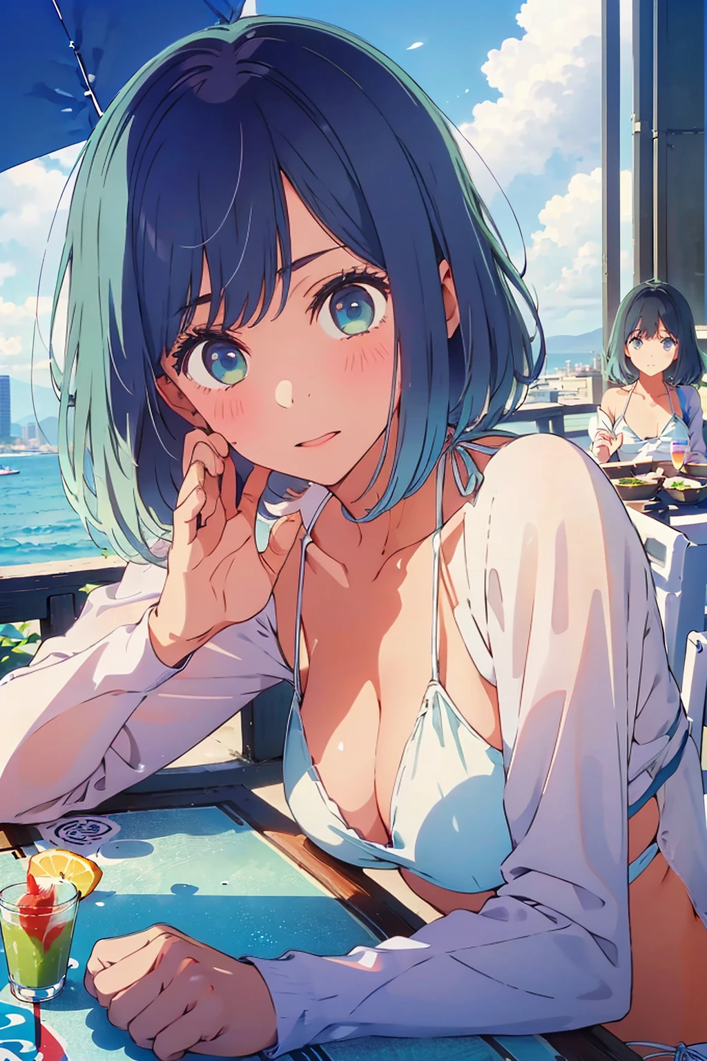 (Highest quality:1.4、8K:1.4、detailed)、F cup bust、Big Breasts、Slim body、Very white beautiful skin、((((1 person、Surprised expression、sit、Chair、In the background are the urban buildings of Tokyo、looking at the camera、Outdoor café terrace、coastal、Navy hair color、juice、White side string high leg bikini、Shooting up close、Shooting from an angle、table、Very cute face))))、(Waving:1.4)、Very blue sky、A completely cloudless sky