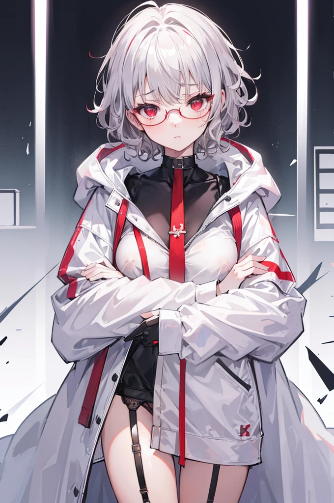 NSFW,1girl,Silver Hair,Red eyes,Curly medium short hair,Square glasses,Wearing a large white coat,hoodie,,Dairy-free,garter belt,Troubled expression,hold one&#39;s head,deskワーク,Sit on a chair,View the desk,desk,Character portrait,full Art,比基尼
