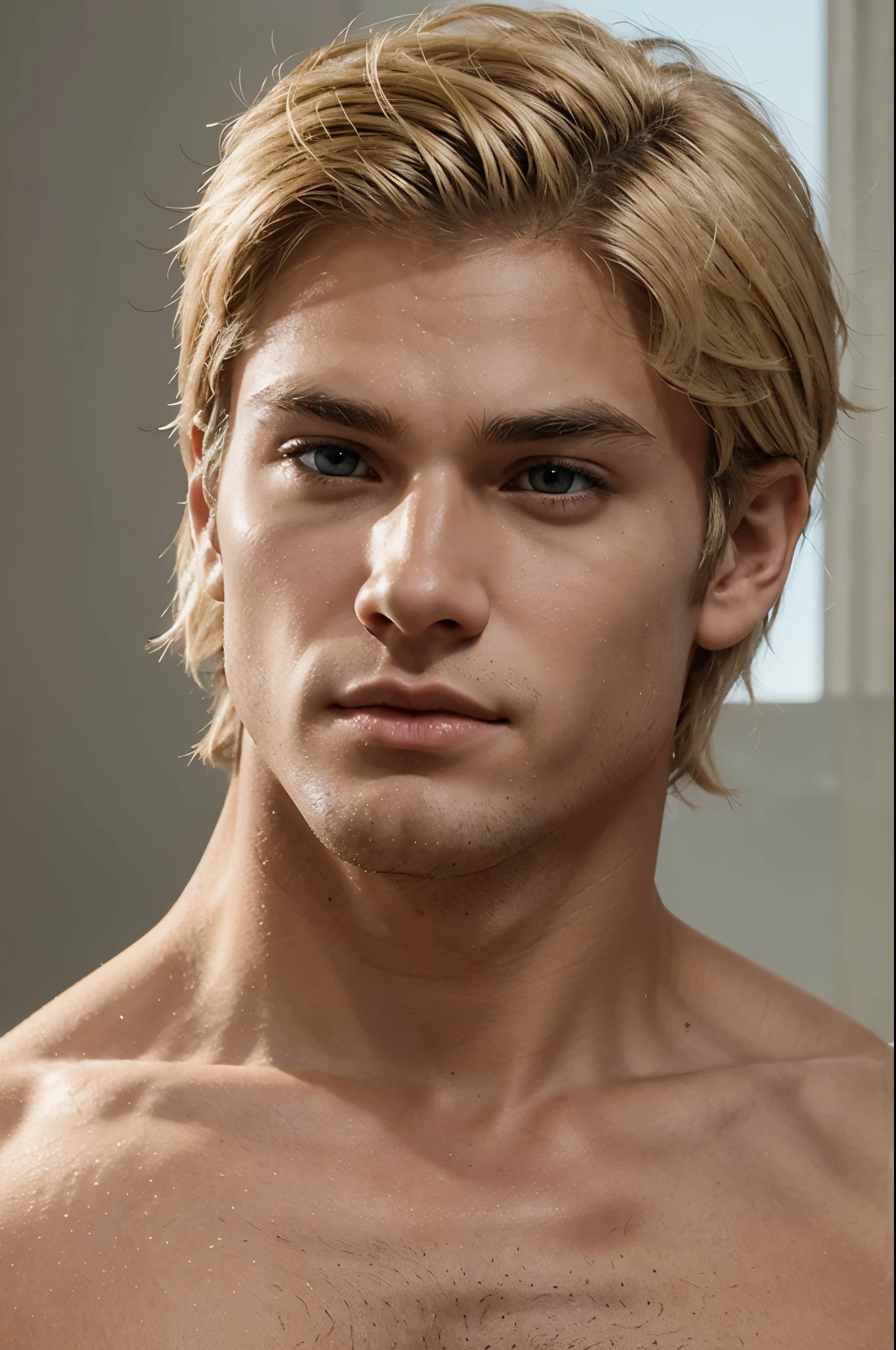 Man with golden hair blue diamond eyes with healthy body age around 18