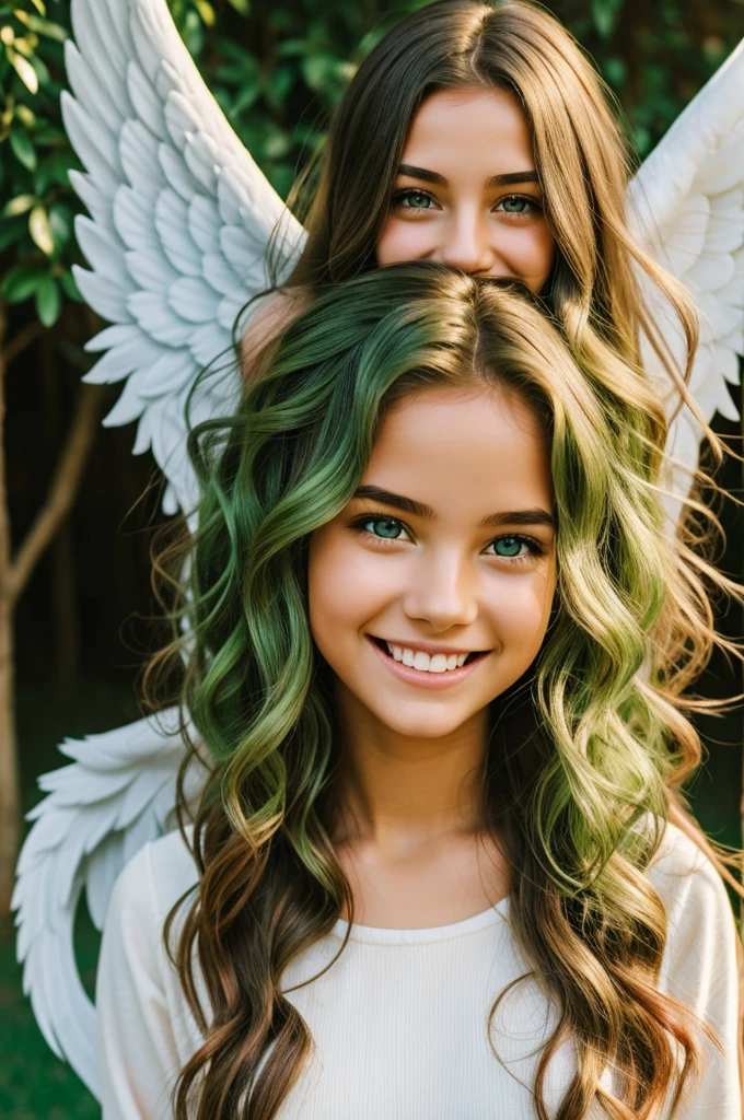 Girl with angel face with light green eyes wavy hair, medium long and red, a beautiful smile