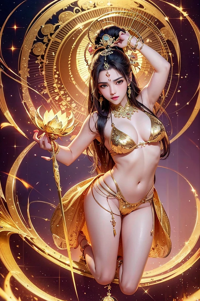 best quality, 8k, very delicate and beautiful, highly detailed face and skin texture, shiny skin, high resolution, sexy girl in gorgeous gold bikini stand on golden lotus, with mandala background, full body, sharp focus