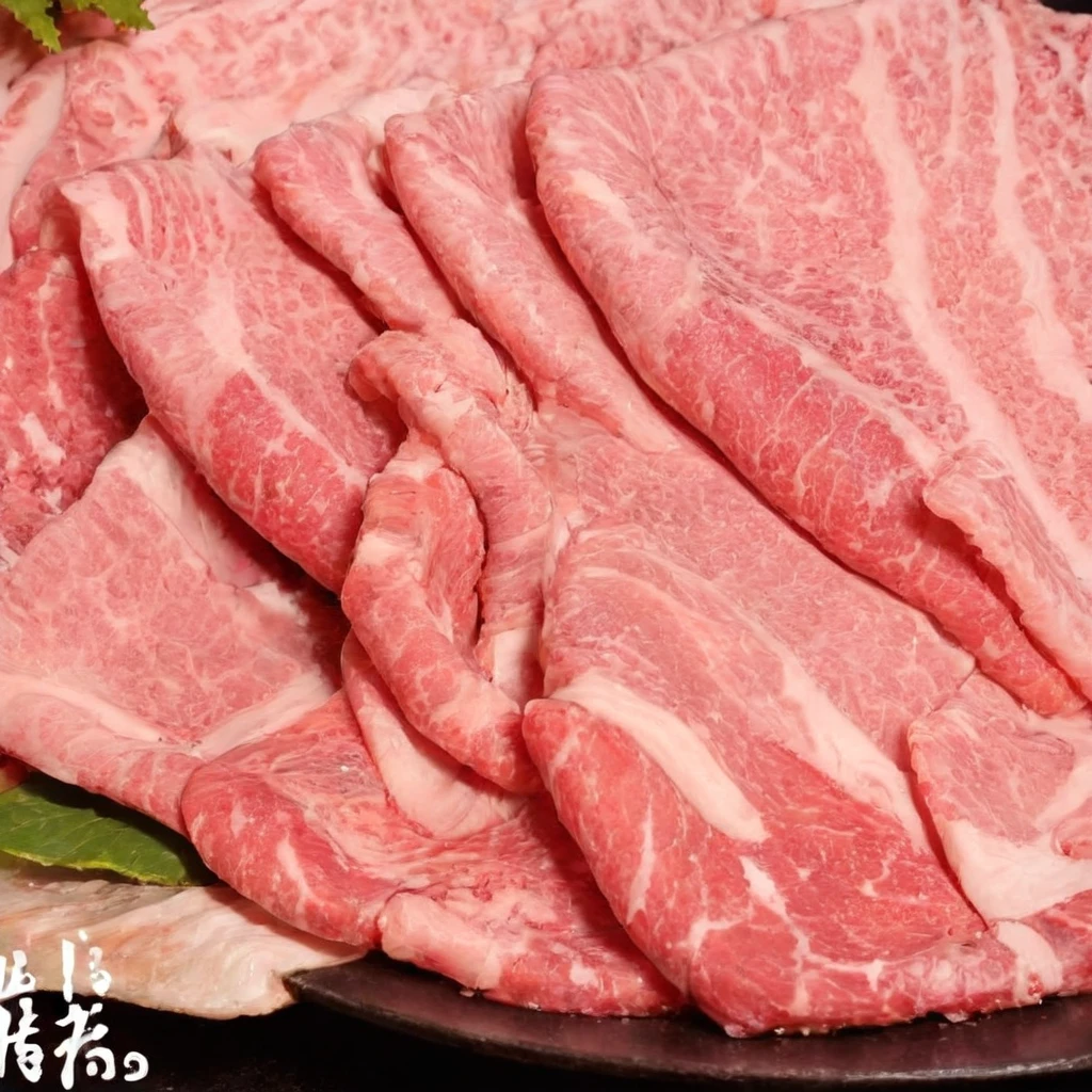 Tempting premium Japanese wagyu beef slices, Well-prepared hot pot, Bathed in focused ambient light,Highlights the surface of the meat. This light should make the intricate fat patterns inside the wagyu shine., Emphasizes its luxury and enhances its authenticity. The signature marbling of Wagyu beef glitters under the light, Reflecting its rich oil content. The color of beef should be dark, Vivid pink, Make it stand out by increasing saturation and contrast. Plate, Elegant and low-key, Should serve as the base for towering wagyu slices. The quality of the photo should be high resolution, Capturing the depth and height of stacked wagyu slices, Emphasize its quantity and abundance,