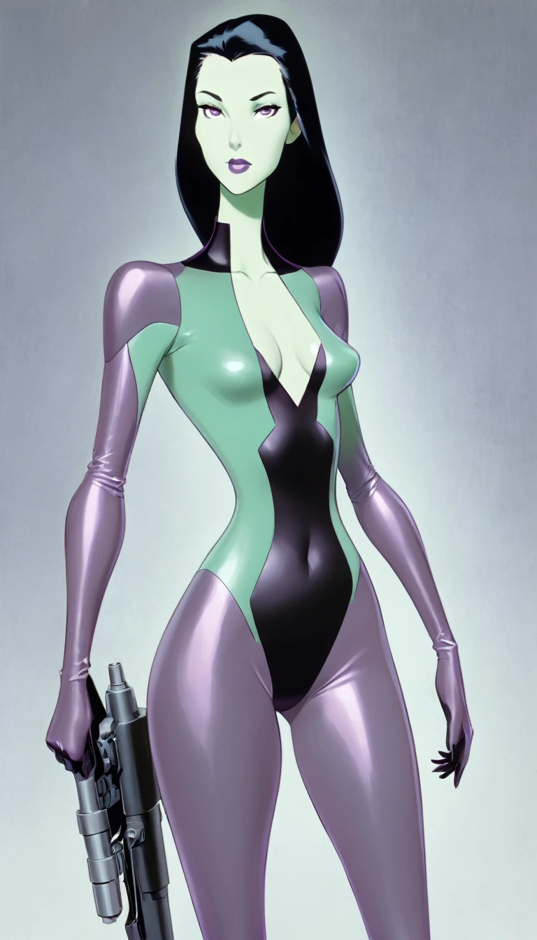 cartoon thin woman, long neck, long black hair, pale green skin, wearing a v-neck purple sci-fi body suit .. she is armed with an arm cannon, on her suit has small grey jet nozzles at the sides of her hips.