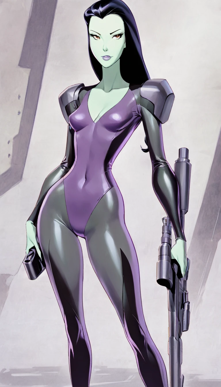 cartoon thin woman, long neck, long black hair, pale green skin, wearing a sci-fi diving suit. she is armed with an arm cannon