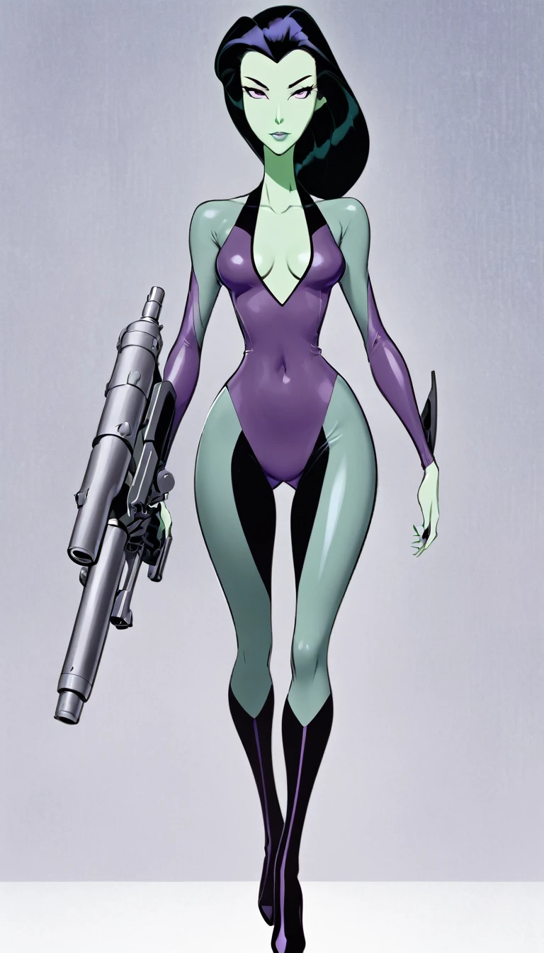 cartoon thin woman, long neck, long black hair, pale green skin, wearing a v-neck purple sci-fi body suit .. she is armed with an arm cannon, on her suit has small grey jet nozzles at the sides of her hips.