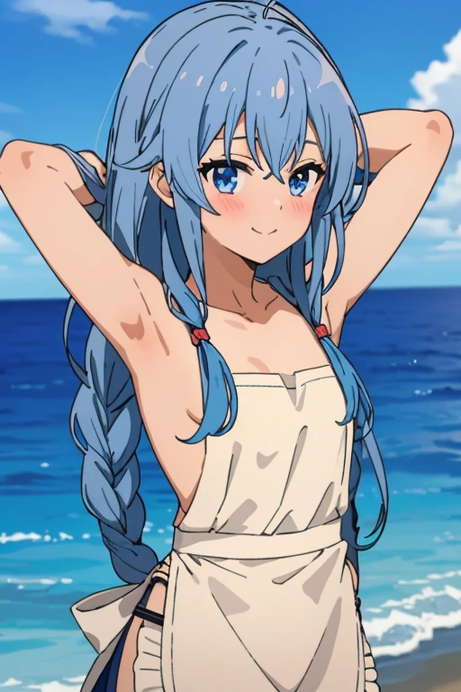 (masterpiece, best quality), music, 1 girl, solitary, Smile, blush, Double braid, Long hair, Blue Hair, garlic, blue eyes, ((apron)), ((nude)), 裸apron,Small Breasts, Upper Body, eternal, Looking at the audience, ocean滩, ocean,raise arms, Arms behind head