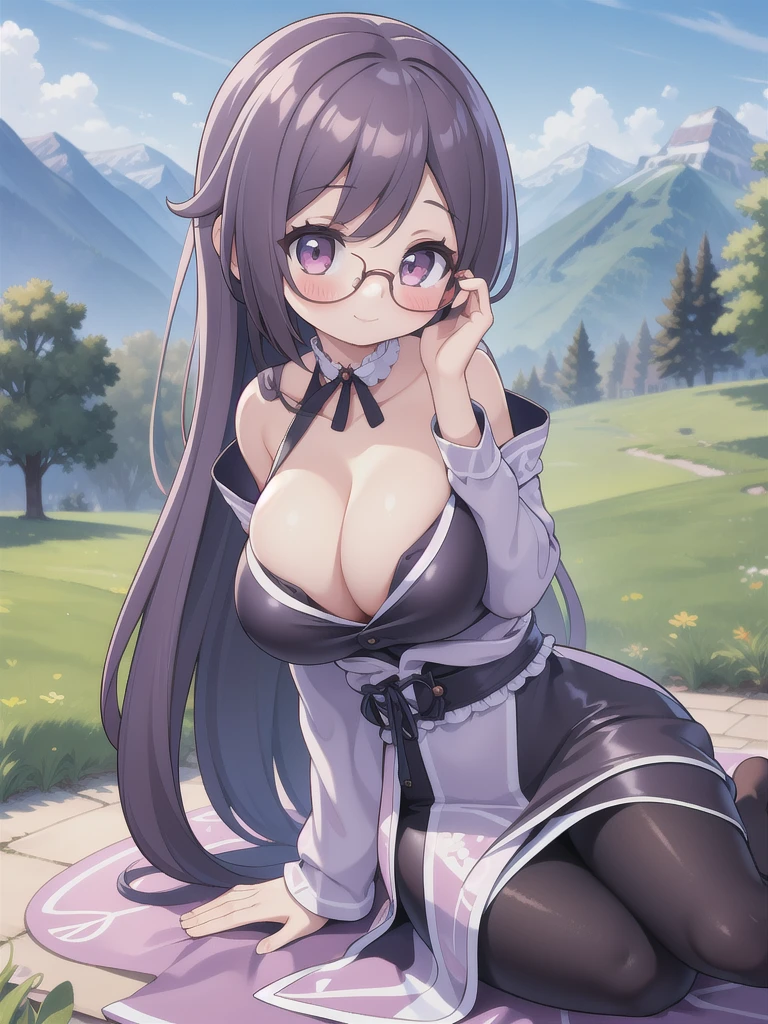 master-piece, bestquality, 1girls,, View viewers from the side, HD, slight smile, big tits, cleavage, tights cloth, , tiny body, lied, outdoor, mountain, wear glasses, under tits cleavage, look down,