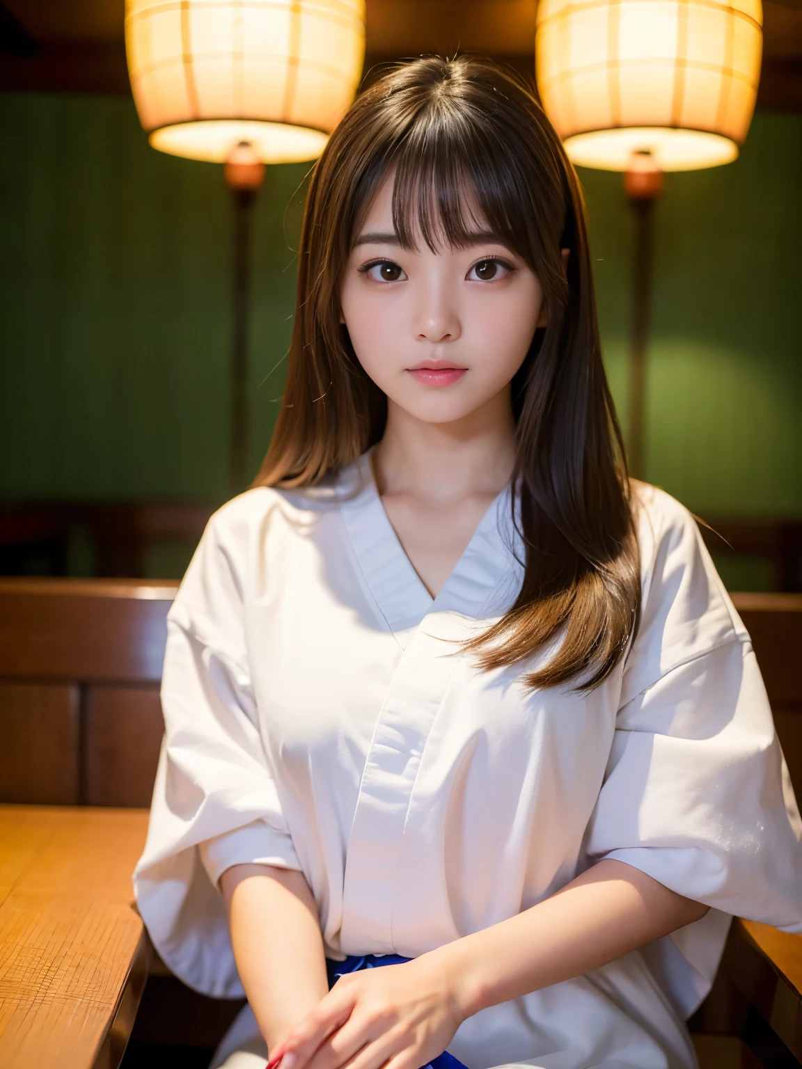 (Best-quality, Masterpiece, Ultra-High-Resolution, (Photorealistic:1.4), Raw Photo, depth of field, professional lighting, perfect anatomy, extremely details), 1girl, 15-years-old, the most famous Japanese idol, ((in Japanese luxurious-restaurant, sitting on TATAMI)), (wearing casual-clothes with cute-design), ((extremely cute and extremely realistic face like the most popular Japanese idol, ((extremely cute and extremely big round-realistic-eyes)), extremely realistic hair)), (((extremely beautiful and extremely realistic skins):1.3)), detailed luxurious-Japanese-restaurant, detailed TATAMI