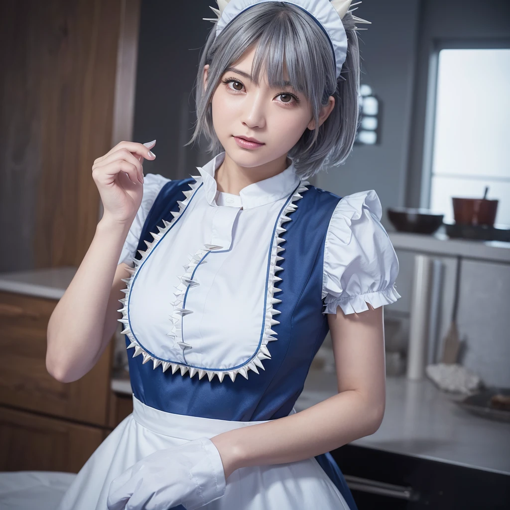 ((16 nights of divorce)), ((Oriental Project)), Cosplay, 20-year-old woman, (((Gray Hair)), ((Medium Spiky Hair)), ((Blue maid outfit)), ((White blouse)), Center of chest, (Light)))), (Pause))), (Photorealistic photography: 1.3), rim Lighting, (Skin with attention to detail:1.2), 8K UHD, Digital SLR, high quality, High resolution, 4K, 8K, Bokeh, Disorganized, The optimal ratio is four fingers to one thumb, (Genuine:1.3), The cutest girl 1, Lots of knives