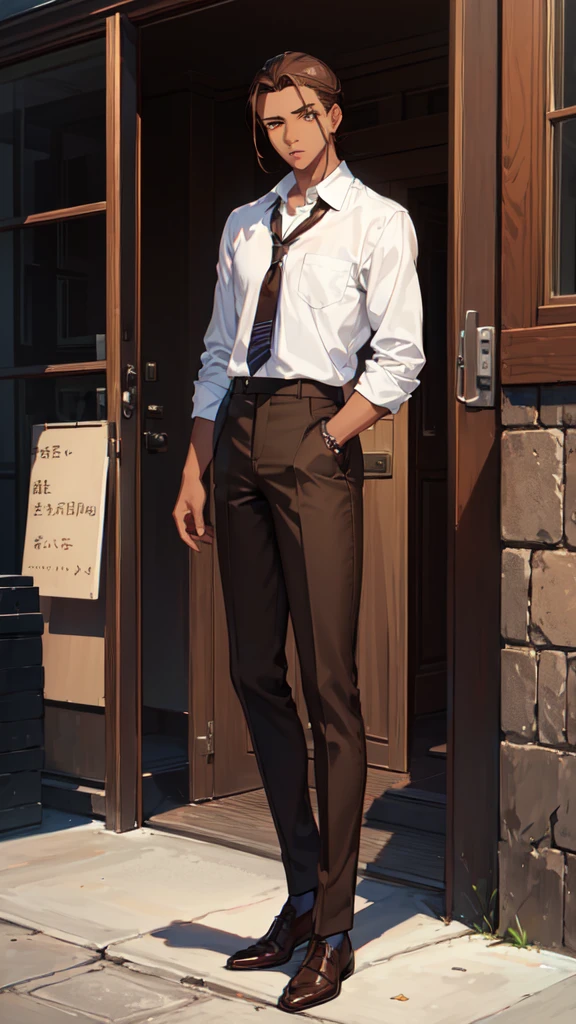 (masterpiece), best quality, expressive eyes, perfect face, (((1guy))), full body, (((brown skin))), brown hair, sliver eyes, blue student uniform, slicked back hair, young adult,