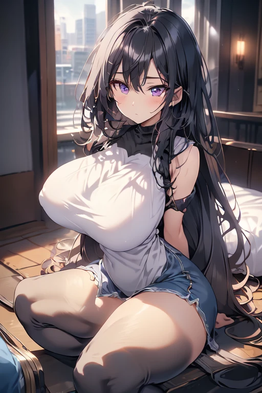 beautiful, Solitary, 1 female, Long hair, Black Hair, Blue highlights at the ends of hair, Purple Eyes,Mature clothing, futurist, ciberpunk Solitary, angle, light, artwork, Better quality , Not suitable for working hours、Kneel down,,Huge breasts and buttocks,Spread your legs,Huge breasts,Mature male genitalia