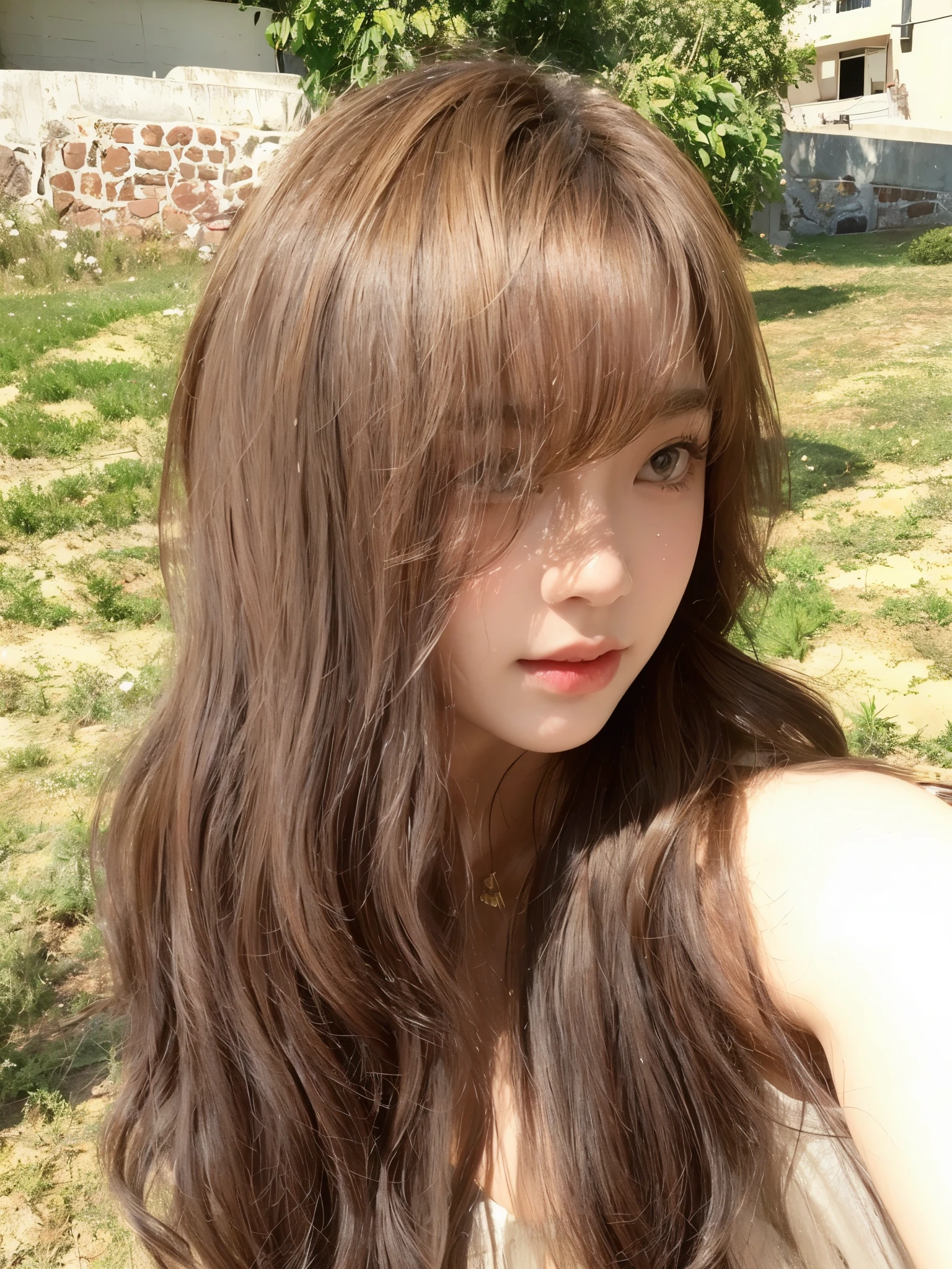 Honey Tea Flax Big Wave,Long curly hair,Natural and beautiful hair,The background is simple and clean
