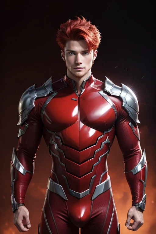Quarter body photorealistic handsome hunky fractal masculine red haired onyx wearing a black with gold transparent crystal chrome glass trimmings super suit , look at camera, detailed face parts,, smoke as background, Freestyle Pose, Happy Expression, perfect anatomy, symmetric body,, 18 years old, :: high detail, a lean athletic body, realistic, human skin, extremely detailed fingers, chad chin,, masculine, human skin, , gorgeous, Attractive. super bulges in action . camera focus face front