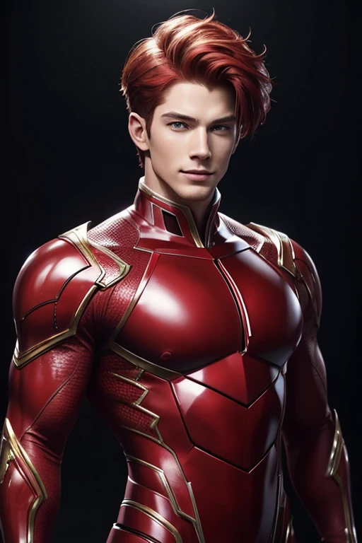 Half body focus photorealistic handsome hunky fractal masculine red haired Pyroboy.. wearing red and maroon quartz transparent crystal chrome glass super suit , look at camera, detailed face parts,, studio as background, Freestyle Pose, Happy Expression, perfect anatomy, symmetric body,, 18 years old, :: high detail, a lean athletic body, realistic, human skin, extremely detailed fingers, chad chin,, masculine, human skin, (eyes contact), gorgeous, Attractive. super bulges