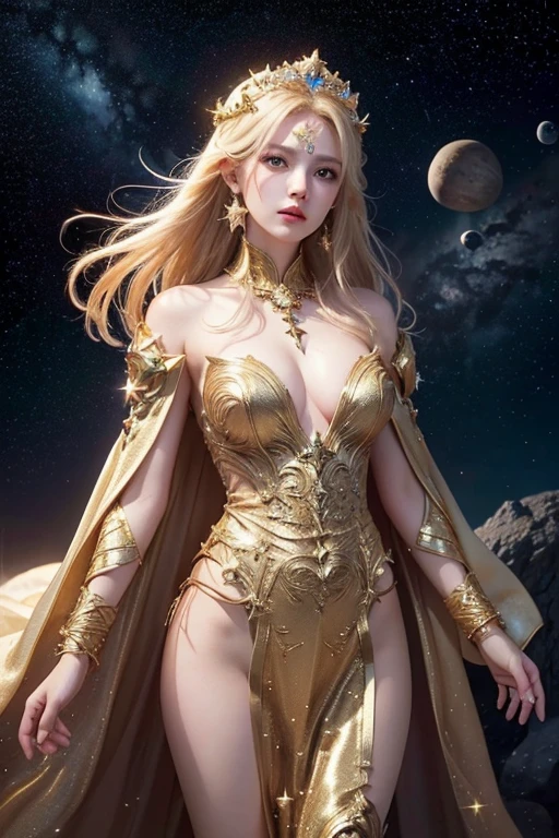 (masterpiece、Highest quality、High resolution、8K、16K)、((Alone in space、Beautiful Goddess、Standing posture、フローティング in the sky like a star))、(whole body)、Golden Cape、White long dress、No sleeve、Gold Bracelet、Blonde Hair、Beautiful brown eyes、Elegant and detailed face、Graceful operation、Right hand on chest、Professional Lighting、The universe is full of light、Countless stars and nebulae、