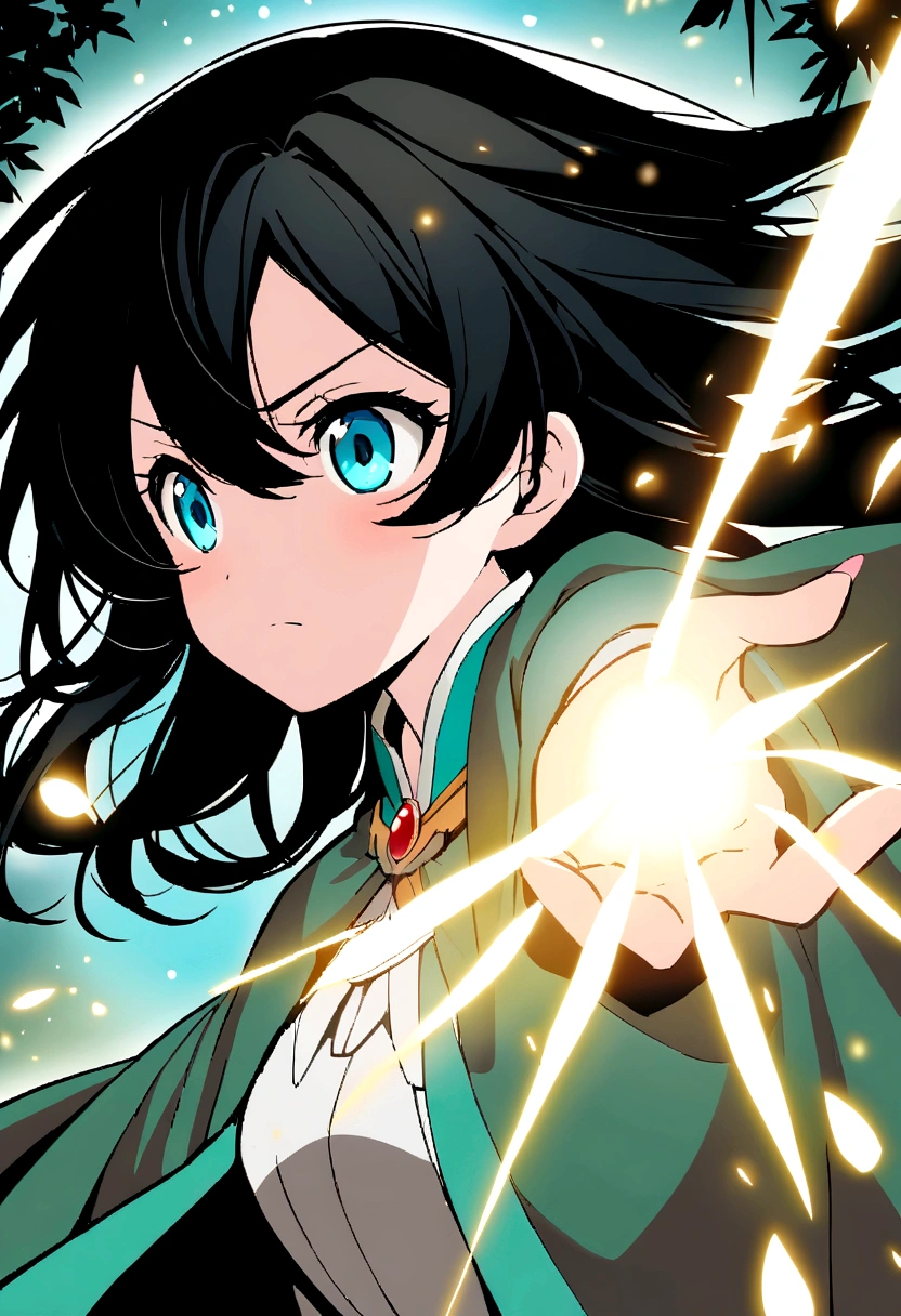 manga panel of an anime girl with long black hair, black and white,
