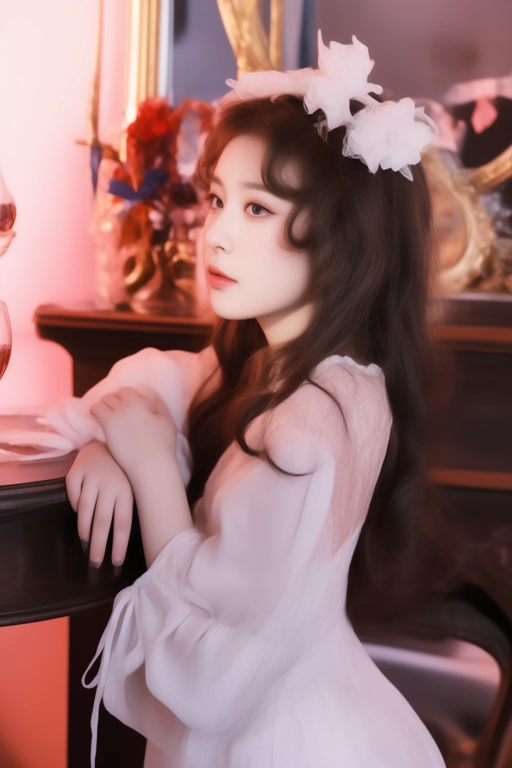 there is a woman sitting at a table with a glass of wine, rococo queen, portrait of magical lolita girl, portrait of radical lolita girl, portrait of lolita, belle delphine, rococo style portrait, by Ayami Kojima, # rococo, in victorian aristocrat, victorian gothic lolita fashion, melanie martinez, rococo portrait, rococo dress, chiho