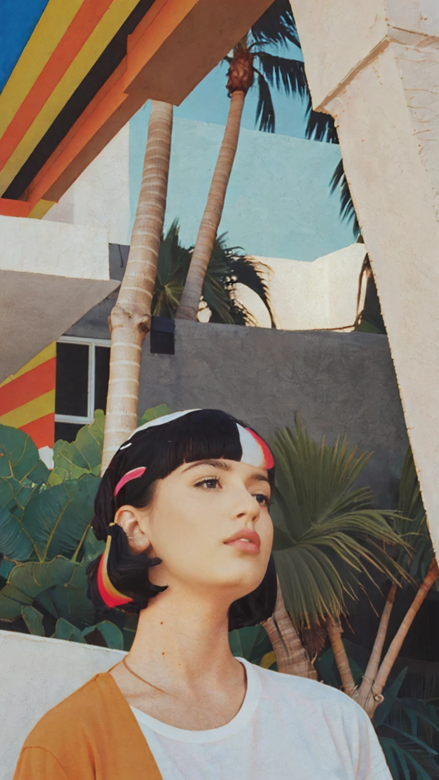 Best Quality,Masterpiece,Ultra High Resolution,(Realisticity:1.4),Original Photo, 1Girl, light leak,dark intens shadow,wear (blank white untucked t-shirt),black bob hairstyles background (80's mondrian architecture colourful motel),palm trees,sunny,summer, los Angles vibes,(from below:1.2), (realistic:1.1), (surreal:1.2), (very detailed:1.1)