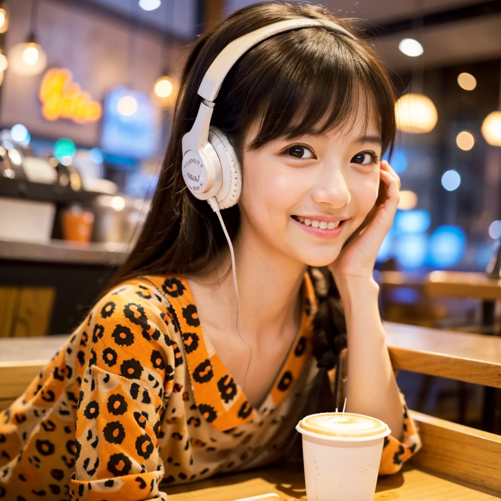 Looking straight ahead and smiling, Ultra HD、128k、Masterpiece、Masterpiece, Cute long face, Cute little kindergarten girl studying in a coffee shop while listening to music on headphones、orange juice, clavicle, RAW Photo、Big-eyed girl in leopard print clothing、Hands on headphones, Warm lighting、Beautiful night view、Japanese anime style, Smile