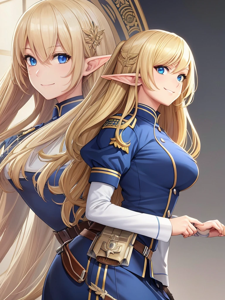 detailed illustration (side view),dynamic angle,ultra-detailed, illustration, pose for the camera, smiling at viewer, clean line art, shading, anime, 2020’s anime style, detailed eyes, detailed face, beautiful face,

Blonde hair, blue eyes, elf, elf woman, pale skin, WW2 German officer uniform, stern look,  uniform,