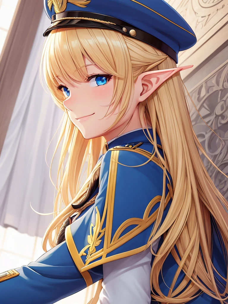 detailed illustration (side view),dynamic angle,ultra-detailed, illustration, pose for the camera, smiling at viewer, clean line art, shading, anime, 2020’s anime style, detailed eyes, detailed face, beautiful face,

Blonde hair, blue eyes, elf, elf woman, pale skin, WW2 German officer uniform, stern look,  uniform,