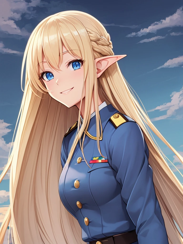 detailed illustration (side view),dynamic angle,ultra-detailed, illustration, pose for the camera, smiling at viewer, clean line art, shading, anime, 2020’s anime style, detailed eyes, detailed face, beautiful face,

Blonde hair, blue eyes, elf, elf woman, pale skin, WW2 German officer uniform, stern look,  uniform,