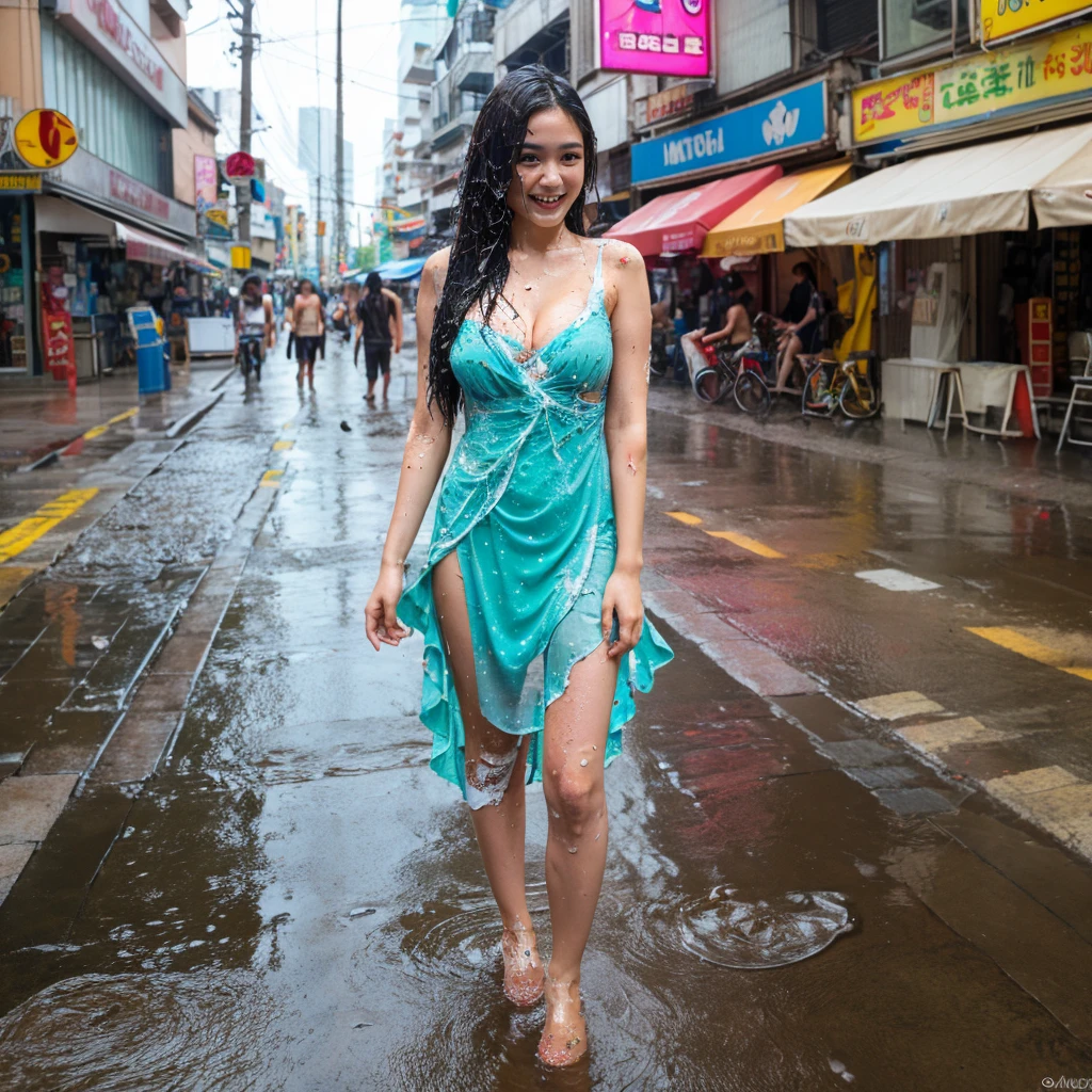 songkran,She walks along the sidewalks of a big city lined with buildings ,drenched, Dripping, Wet Face,Wet clothes, Wet Skin, Wet Hair,A young woman with a cute face like an idol,((Cleavage)),(((A dress that melts and disappears when it gets wet))),(((A melted and tattered dress))),((Full body portrait)),RAW Photos,Genuine,Genuine,High resolution,RAW Photos,masterpiece, beautiful