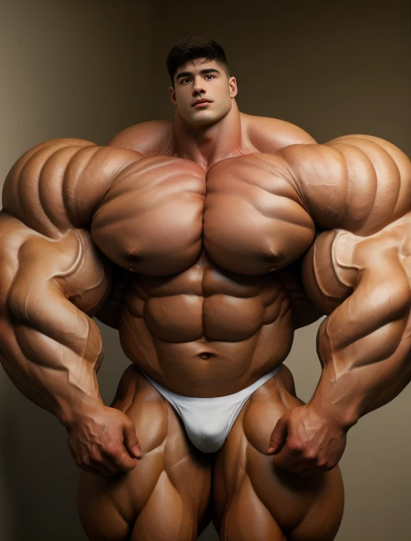 1 men, giant, bodybuilder pose, illuminating light, strong body, bulk, large size, stand on the wall, nude, white triangular underwear, prominent bulge, big, brutalmass, giant, muscular body, bulk, buff, massive body, large meaty body size