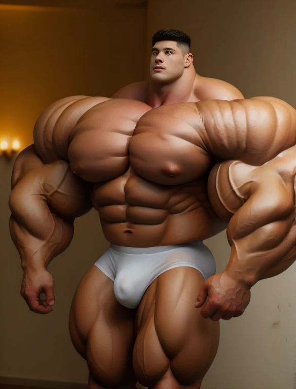 1 men, giant, bodybuilder pose, illuminating light, strong body, bulk, large size, stand on the wall, nude, white triangular underwear, prominent bulge, big, brutalmass, giant, muscular body, bulk, buff, massive body, large meaty body size