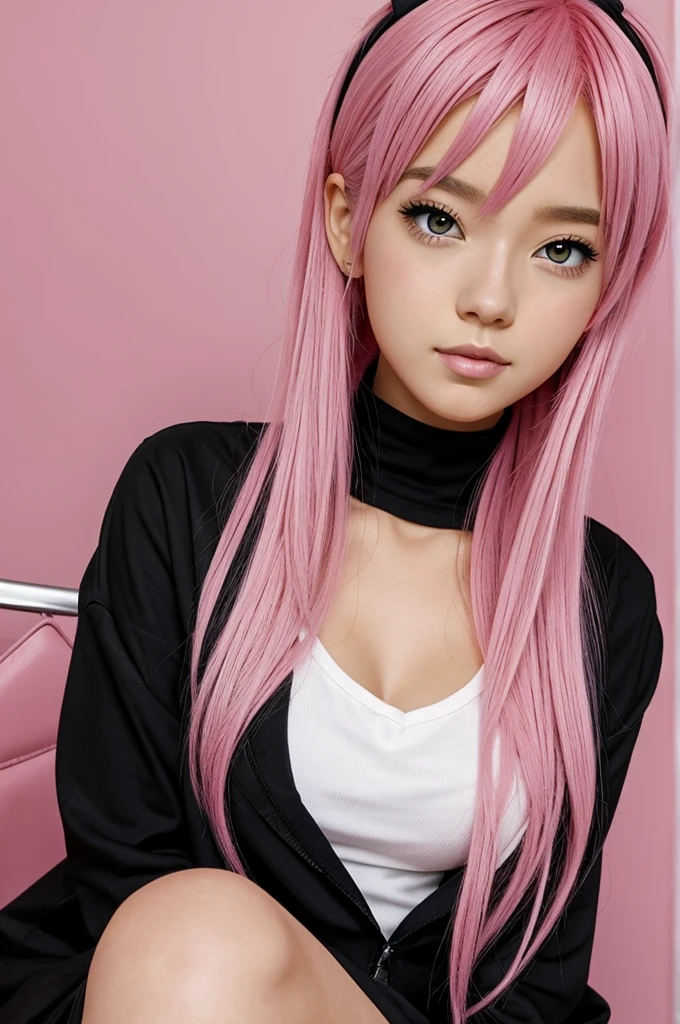 Pink hair girl with a black and slightly pink color palette in anime artstyle 